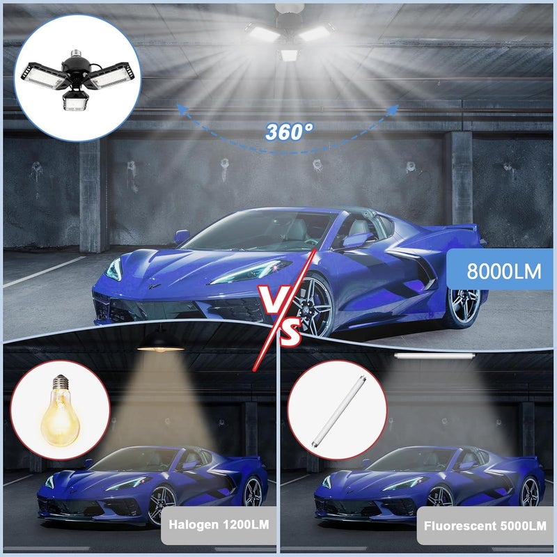 Aoretic LED Garage Lights Bulb 1 Pack -80W, 8000LM 6500K Led Shop Light with 3 Deformable Panels, Basement Barn Light Garage Ceiling Lights, E26/E27 for Garage, Warehouse, Shop, Basement - Image 3